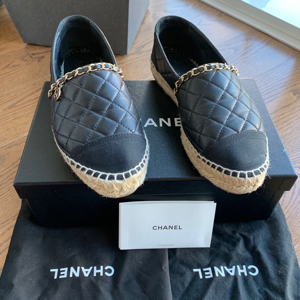 Channel Lambskin Chain Espadrilles 37 Black